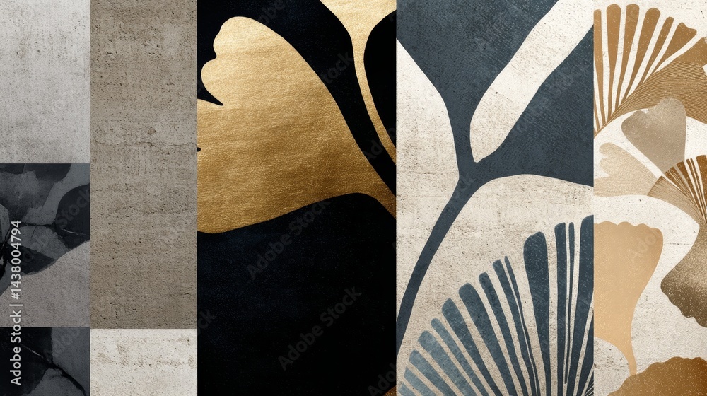 Poster floral motifs in layered black, gold, and ivory create an elegant flat lay design on a textured surf