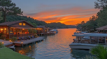 Fototapeta premium Lakeside cabins at sunset