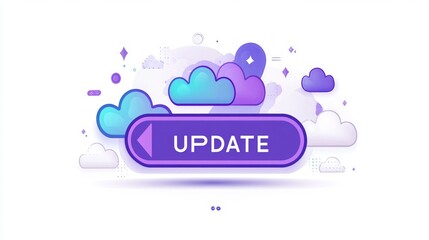 Purple button with "UPDATE" text surrounded by stylized clouds, signifying software or system updates.