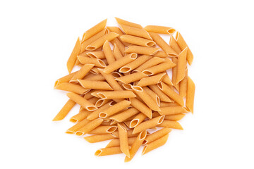 Whole Grain penne pasta from durum wheat on white background. Healthy eating concept. Penne Rigate.