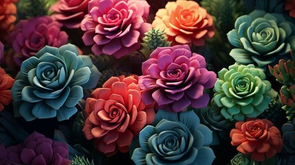 Fototapeta premium Sculpted succulents and ranunculus in bright jewel colors rising 