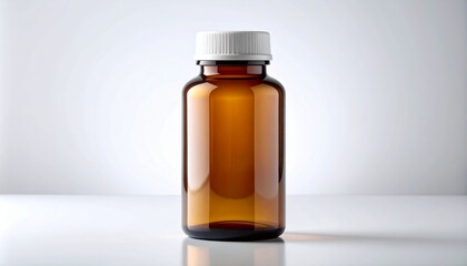 Photorealistic Mockup of Empty Amber Medicine Bottle with White Child-Proof Cap on White Background, Clean Pharmacy Style, Soft Shadow, Studio Lighting