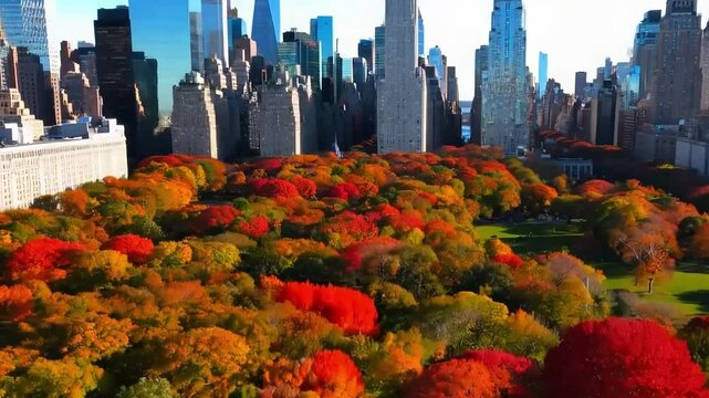 A stunning drone shot capturing the vibrant fall foliage of Central Park, contrasting against the towering skyscrapers.
