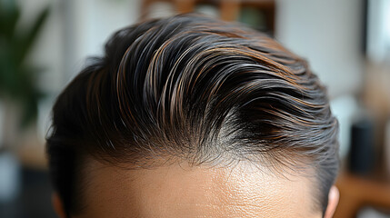 Fototapeta premium Close-up of man's scalp after hair treatment, showing successful restoration results
