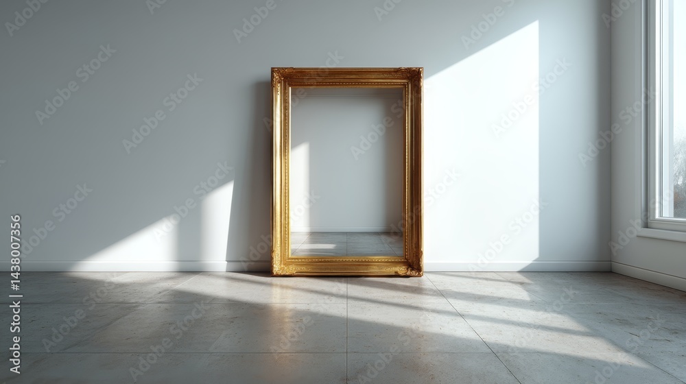 Poster an ornate rectangular gold frame leans against a neutral wall, casting soft shadows and leaving open