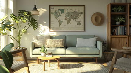cozy Scandinavian living room featuring mint green sofa, plants, and world map