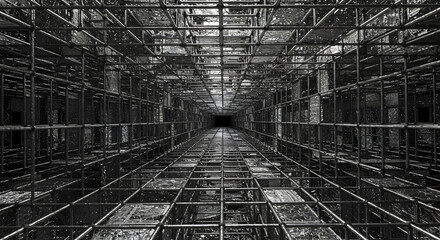 Abstract Metallic Tunnel with Rectangular Grid Patterns in Monochrome