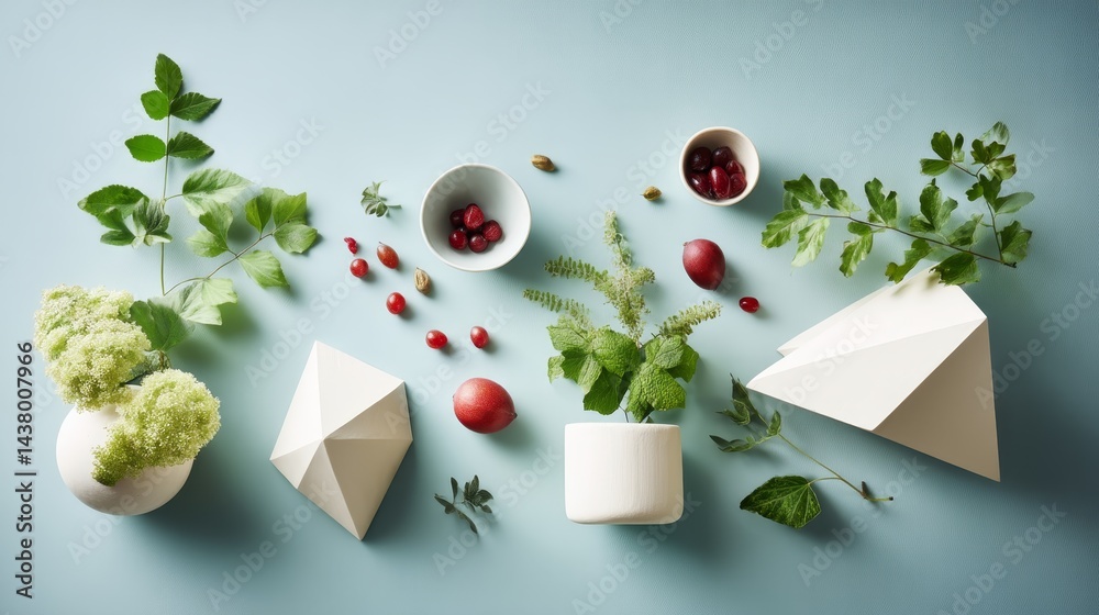 Poster Alabaster geometric shapes and vibrant foliage are artfully positioned on a seamless surface, creating a visually interesting composition with ample copy space