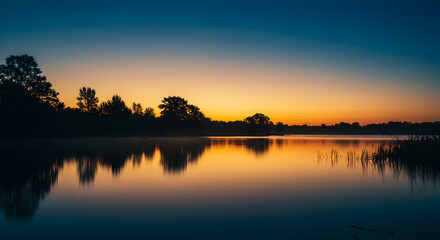 Obraz premium Peaceful Dawn Over Tranquil Lake Reflecting Silhouette of Forest Trees