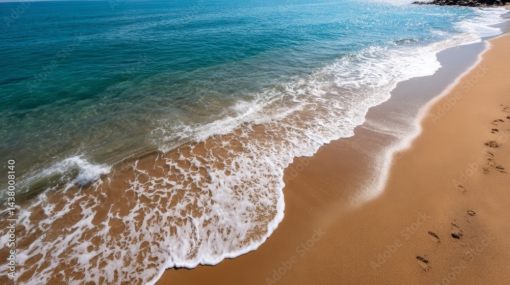 Poster soft waves caress a golden shoreline under bright sunlight, creating intricate foam patterns. the tr