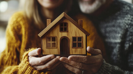 Senior couple holding wooden house model together, showcasing love and warmth