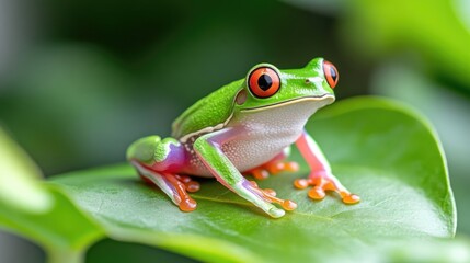 Obraz premium Close-up of a vibrant green tree frog on a leaf
