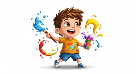 Cartoon boy painting with paintbrush and paint can with colorful splashes on a white background
