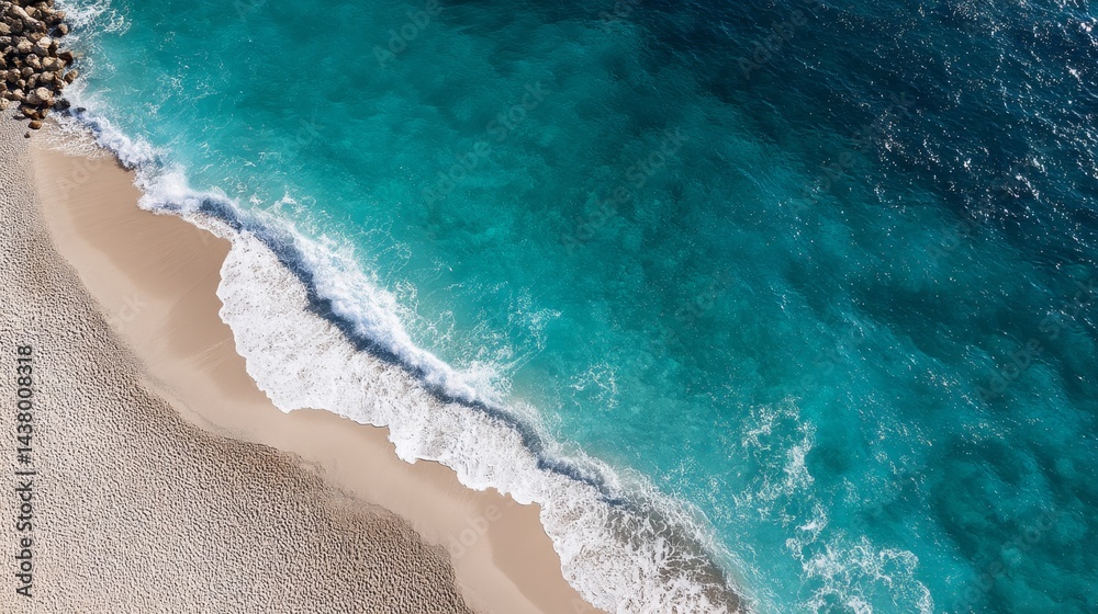 Aufkleber A calm shoreline features soft beige sand blending with gentle turquoise waves, creating a serene coastal landscape with ample space for design elements