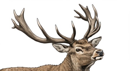 Naklejka premium Illustration of a red deer with large antlers on a white background close up view of animal head