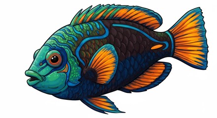 Fototapeta premium Illustration of a colorful tropical fish with orange fins and blue and green scales on a white background