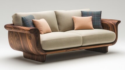 Modern Wooden Sofa with Pillows