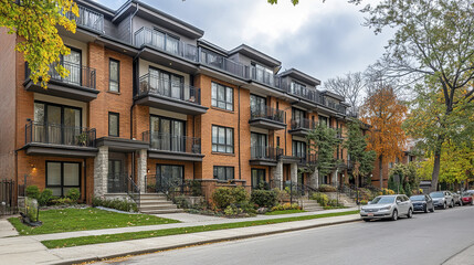 Fototapeta premium Sleek apartment townhouse with balconies and neat sidewalks, showcasing modern architecture