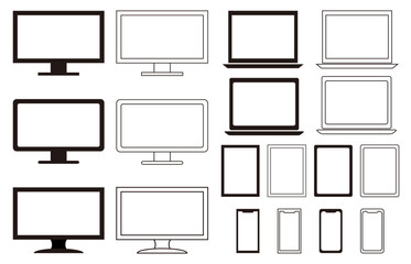 テレビの画面。パソコンのディスプレイ。タブレットのタッチパネル。スマートフォンの液晶モニター。正面のイラスト。色々なフレーム。透明の画面。素材のセット。