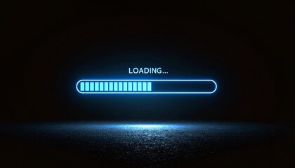 a modern blue loading bar with "LOADING..." text, illuminated against a dark background, suggesting anticipation or progress