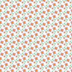 Seamless Pattern of Purple and Orange Flowers on a White Background