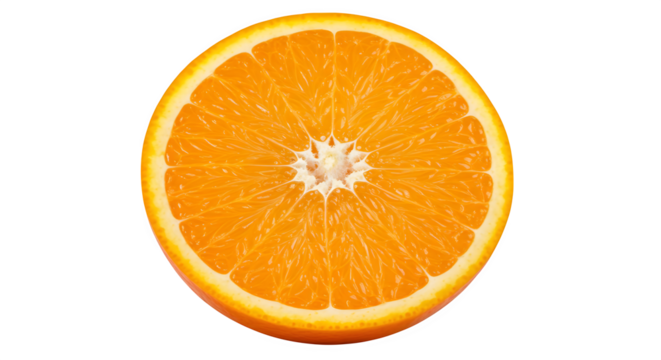 A close up view of a sliced orange showing the juicy pulp and white core against black background  transparent background, white background. isolated on transparent background, png, jpeg, jpg,