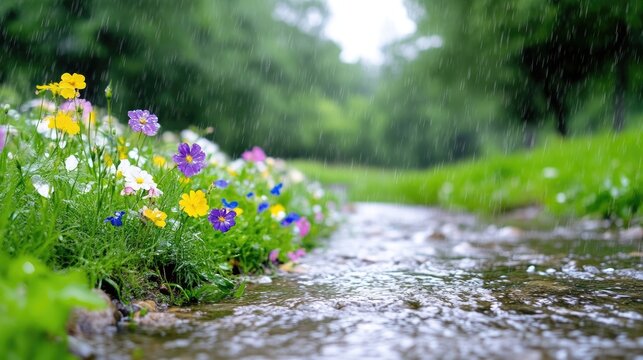 A gentle stream flows through a vibrant flower bed during a summer rain