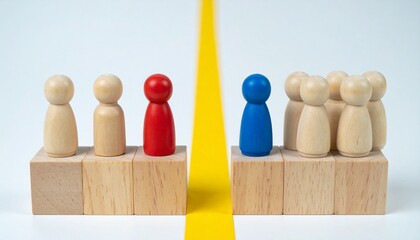 Wooden figures representing different groups or concepts are separated by a yellow line, symbolizing division and conflict. The figures stand on wooden blocks. The image evokes themes of separation.