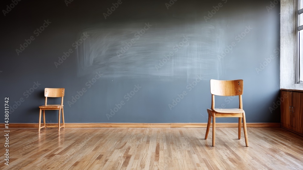 Fototapete low-angle view of a matte slate-gray board with chalk dust, featuring two wooden chairs in a spaciou