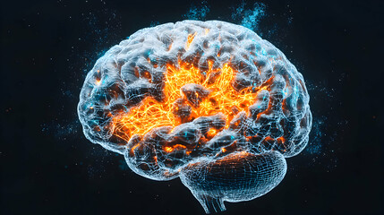 A glowing brain visualization showcasing neural activity. Suggests brain function research or medical presentations. Ideal for science educational content.