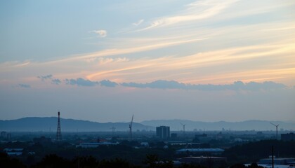 Cityscape at Dusk with Mountains