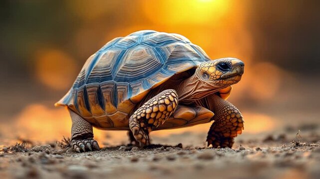 A tortoise with a patterned shell walks along a dusty path at sunset, its shell glowing in the warm light. The tortoise's journey embodies perseverance, resilience.