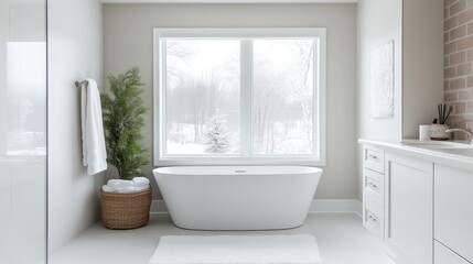 Modern minimalist bathroom with winter view