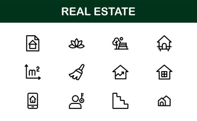 Property and Real Estate Icons. Modern Residential, Commercial, and Architecture Symbol Set for Real Estate Marketing and Branding