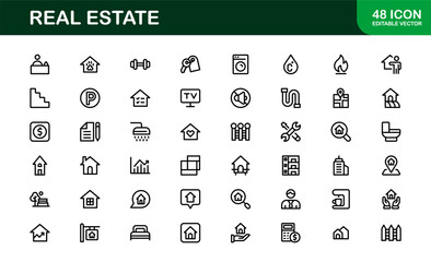 Property and Real Estate Icons. Modern Residential, Commercial, and Architecture Symbol Set for Real Estate Marketing and Branding