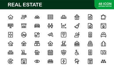 Property and Real Estate Icons. Modern Residential, Commercial, and Architecture Symbol Set for Real Estate Marketing and Branding