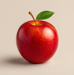 Fresh Red Apple with Green Leaf on Neutral Background
