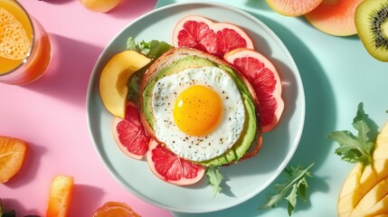Flat lay of cheerful morning meal with egg and avocado toast surrounded by fruit and fresh juice
