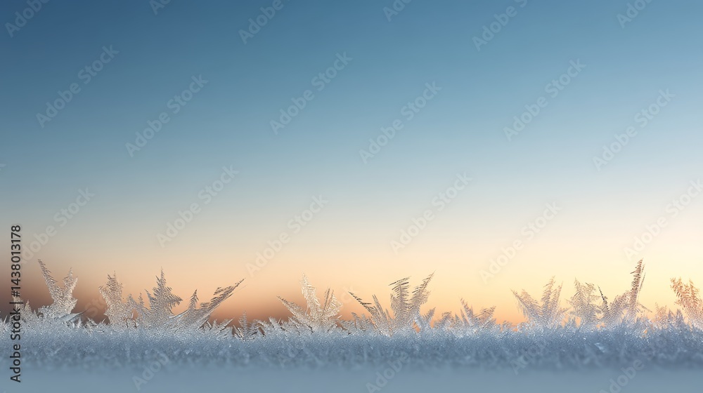 Poster Frost patterns adorn a glass surface illuminated by the soft hues of a winter dawn sky, creating an ethereal atmosphere with a peaceful glow