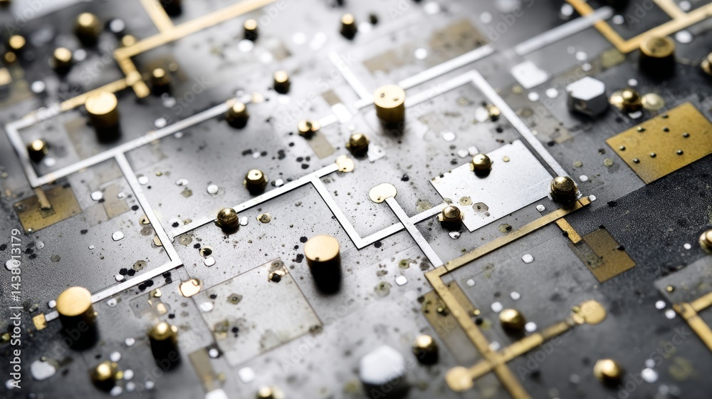 Poster Detailed macro shot highlights the complex network of conductive pathways on a silicon wafer, demonstrating advanced microelectronics and technology design