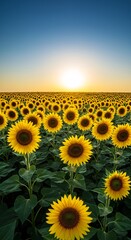 Fototapeta premium A field of sunflowers stretching to the horizon under a bright blue sky at golden hour light