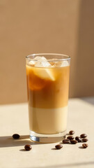 An artistic arrangement of iced coffee drinks in different glass styles, enhanced by natural light streaming in from a nearby window, modern beige tones