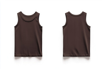 A brown sleeveless t-shirt tank top is displayed from the front and back, and a flat lay concept is used as a mockup design template