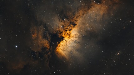 Fototapeta premium Stunning Celestial Nebula Cosmic Dust Cloudscape Orange Gold Starry Night Sky Deep Space Astrophotography Galactic Wonders Universe Exploration 