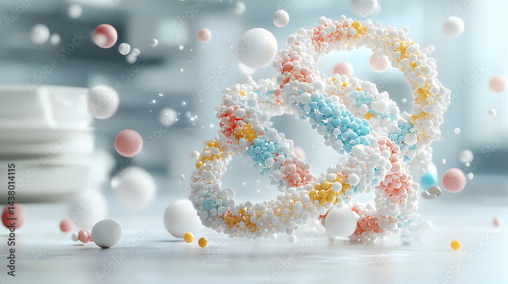 Poster abstract artwork featuring colorful molecular structures and floating spheres. great for science rel