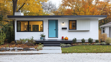 modern white house with turquoise door surrounded by autumn foliage, showcasing welcoming