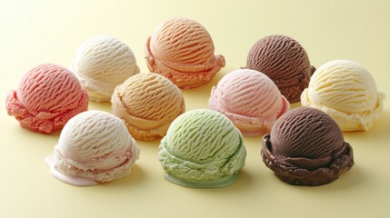 Assorted colorful ice cream scoops variety with different flavors and textures on light green background with close-up detail and appetizing appearance