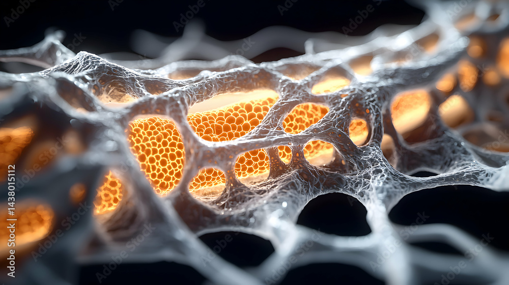 Poster an artistic rendering of a porous biological structure with glowing cellular components. this could 