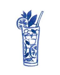 Watercolour hand drawn summer cocktail. Freehand doodle beach drink,  hand drawn cocktail can use as print, element desing, poster, textile, clothes print, label, invitation, menu illustration.