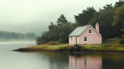Obraz premium charming soft pink cottage by serene Loch Glass shore, surrounded by lush greenery
